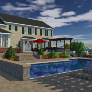 A 3 d image of the back yard and pool area.