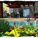 A painting of a garden with flowers and a pool.