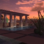 A 3 d image of an outdoor pool area at sunset.