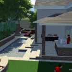 A rendering of the back yard with a pool and a man in red shirt.