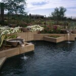 A pool with water jets and plants in the background.