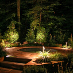A garden lit up at night with lights on.
