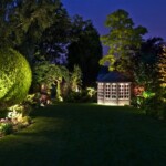 A garden with lights on the ground and trees