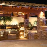 A patio with an outdoor kitchen and seating area.
